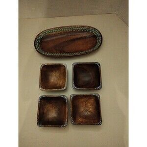 Vintage signed NB  hand painted wood tray with bowls sushi